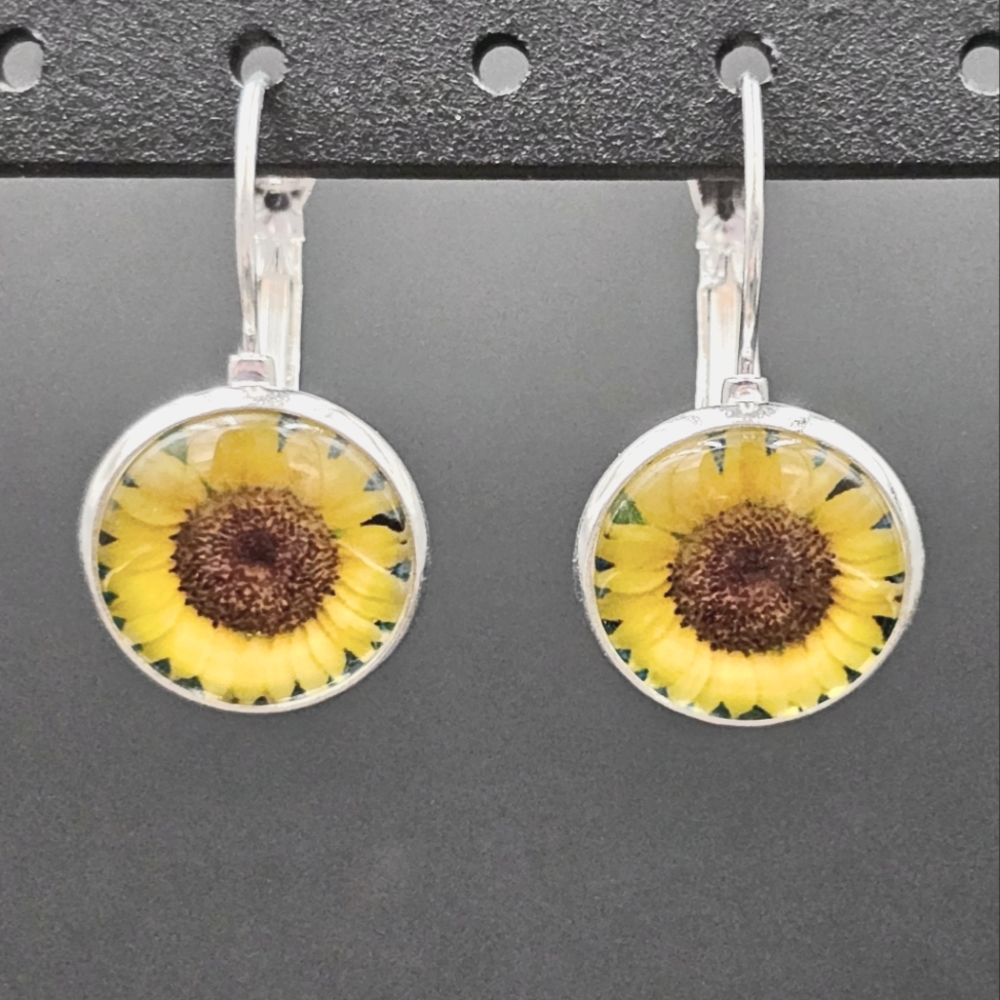 Sunflower earrings - silver, dangle